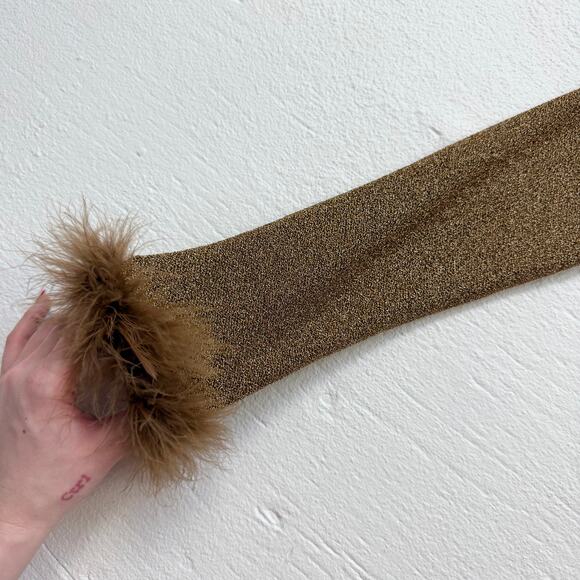 Y2K Sparkly Gold Tie Front Crop Top Shrug Feather Trim, Size Small - Picture 3 of 6